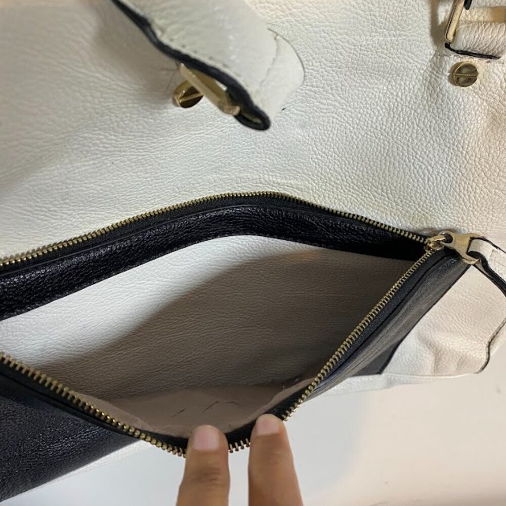 Two-Tone Women's White Black Leather Satchel Tote Bag Large - Picture 4 of 11